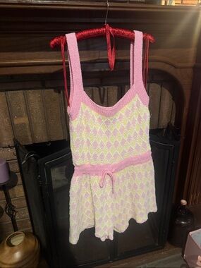 Free People Pink & Pale Yellow Knit Romper
